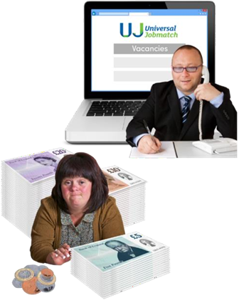 Image of man on the phone with a laptop with a job searching website on the screen, and a woman below him surrounded by money