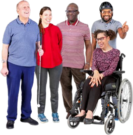 Group of five people, one with a cane and one in a wheelchair