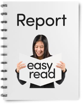 Book with 'Report' on the front and a woman holding a sign saying 'easy read'