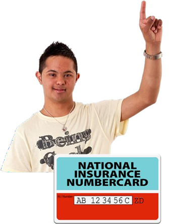 Man raising his hand and a National Insurance numbercard