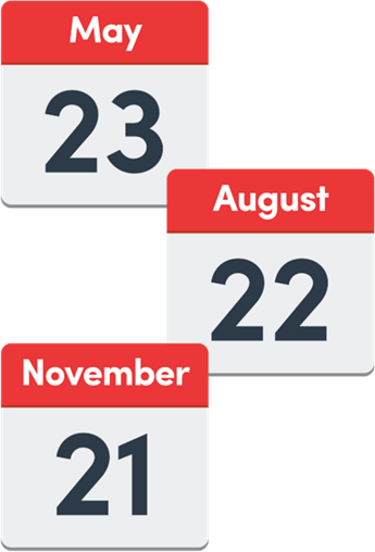 Three calendars with the dates may 23rd, August 22nd , and November 21st