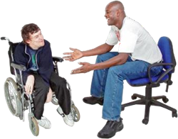 Two men, one in a wheelchair talking