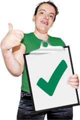 Man holding a clipboard with a big green tick on it and giving a thumbs up