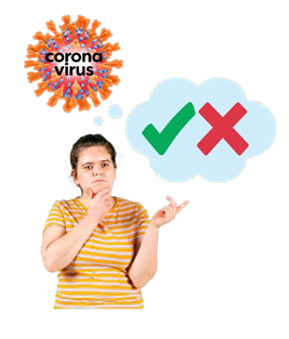 Woman with thought bubble of the corona virus and a green tick and red cross