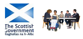 The Scottish Government logo and a group of people sitting around a table