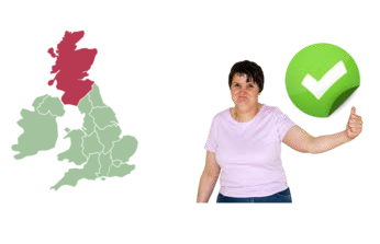 Map of the British Isles with Scotland highlighted and a woman with her thumbs up and a green tick next to her