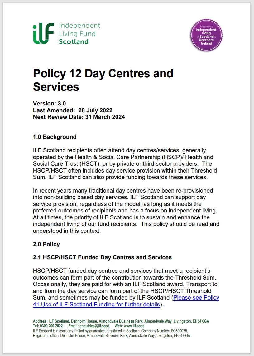 Cover page of policy 12, featuring ILF Scotland logo and a page of text.
