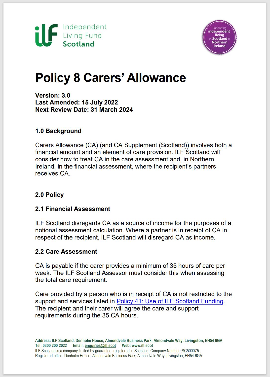 Cover of policy 8, containing ILF Scotland logo and page of text.