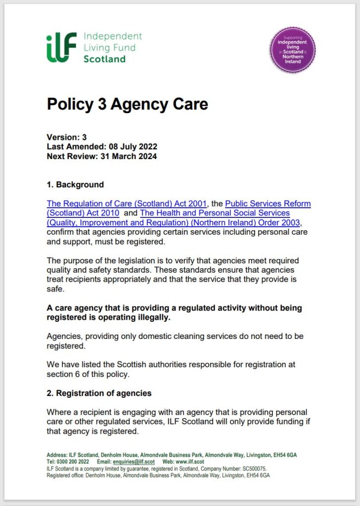 Policy 3 Agency Care ILF Scotland