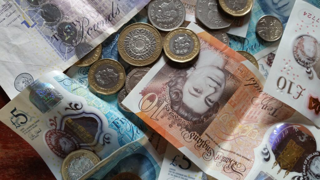 Picture of cash - UK notes and coins.