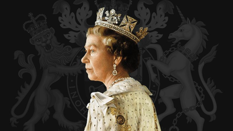 Queen Elizabeth II looks off to the left. She's in profile and in a crown and royal garb. The background is black but has the royal crest imposed on the background.
