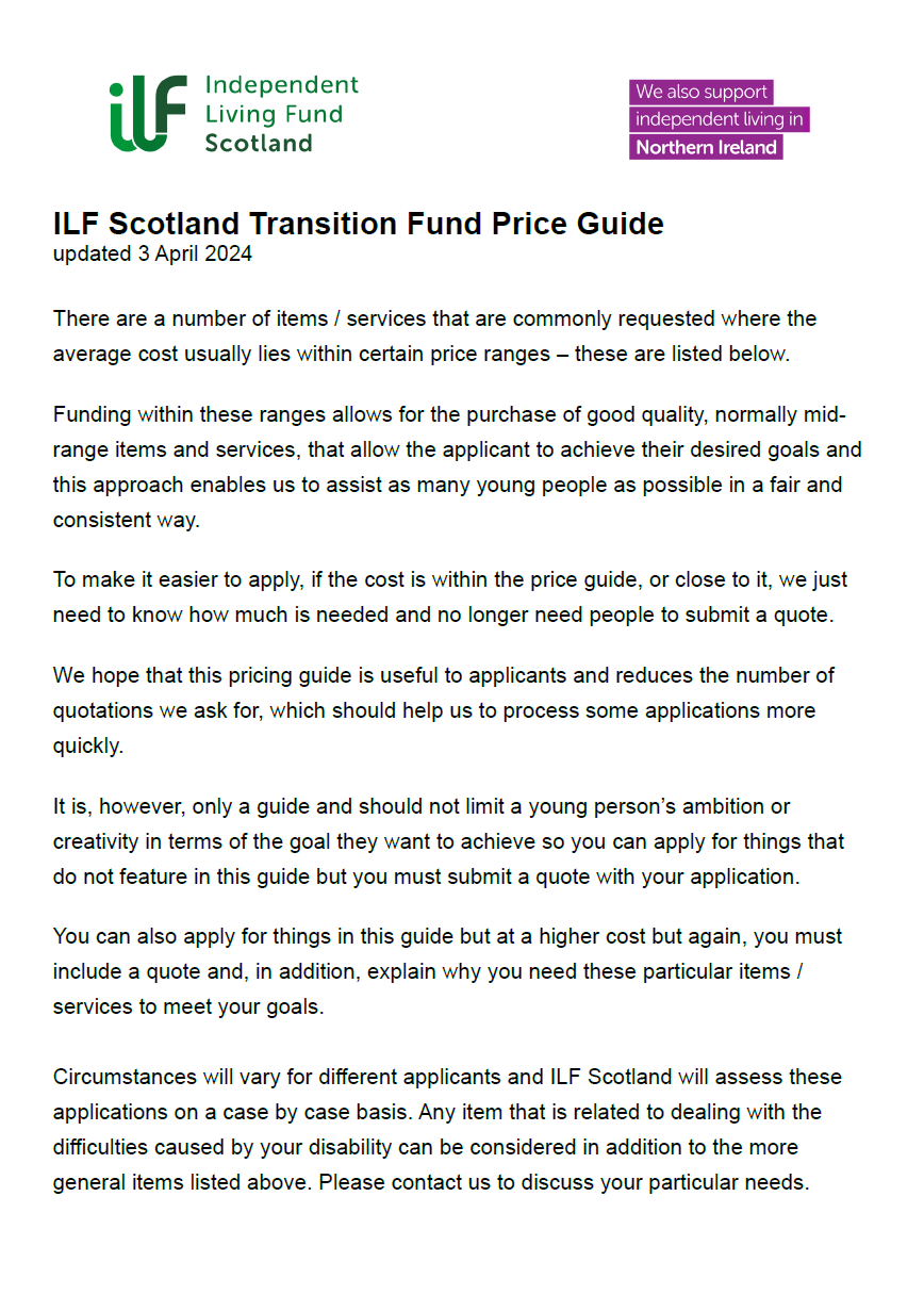 Front page of the ILF Scotland Transition Fund Price Guide