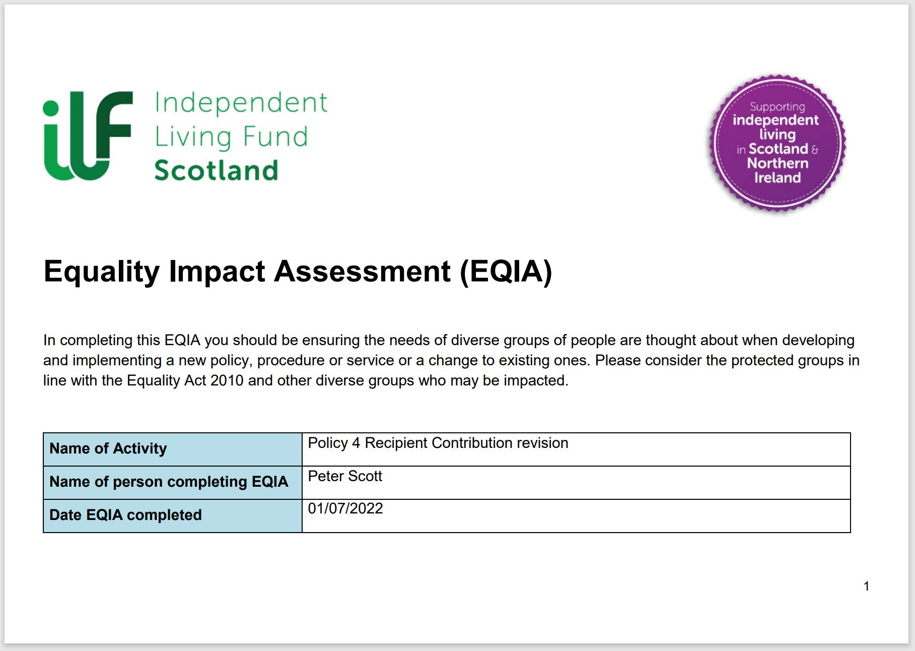 Cover of Equality Impact Assessment Record for Policy 4