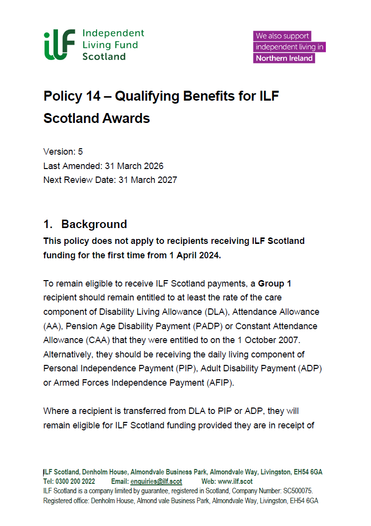 Front page of Policy 14 – Qualifying Benefits for ILF Scotland Awards