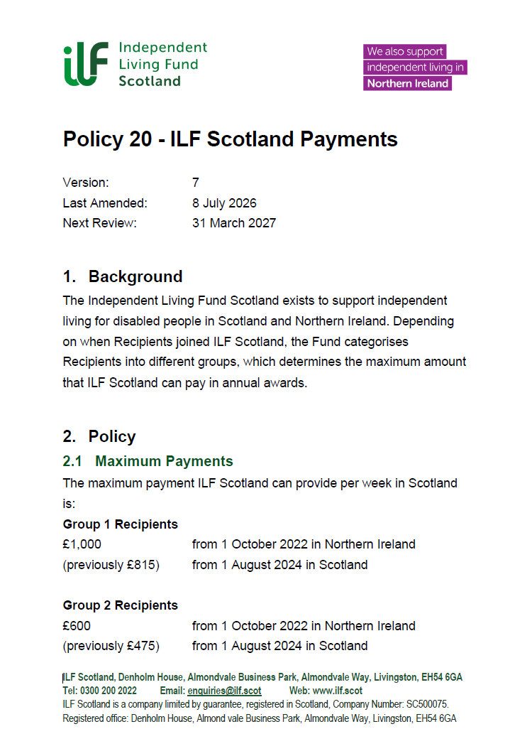 Front page of Policy 20 - ILF Scotland Payments - v07.0