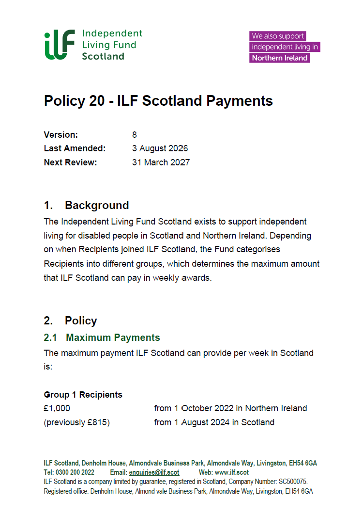 Front page of Policy 20 - ILF Scotland Payments - v08.0