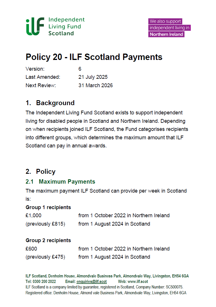Front page of Policy 20 - ILF Scotland Payments