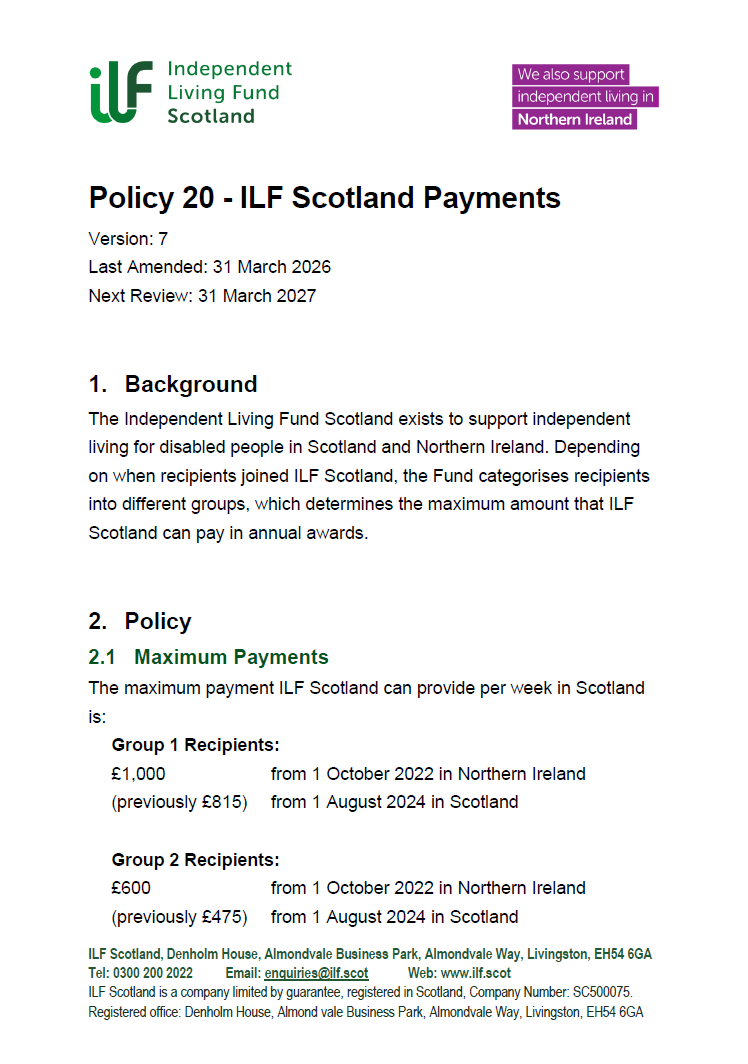 Front page of version 7 of the Policy 20 ILF Scotland Payments