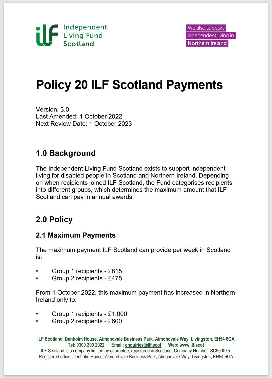 Policy 20 cover page - showing ILF logos and text.