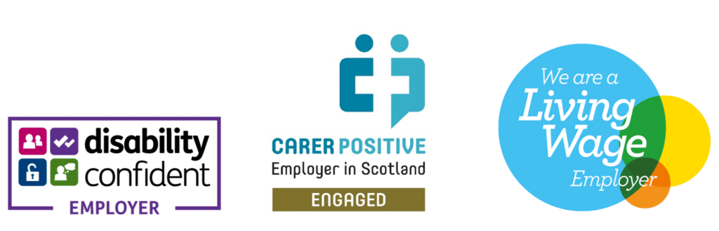 Logos for "Disability Confident Employer", "Carer Positive Employer in Scotland - Engaged" and "We are a Living Way Employer".