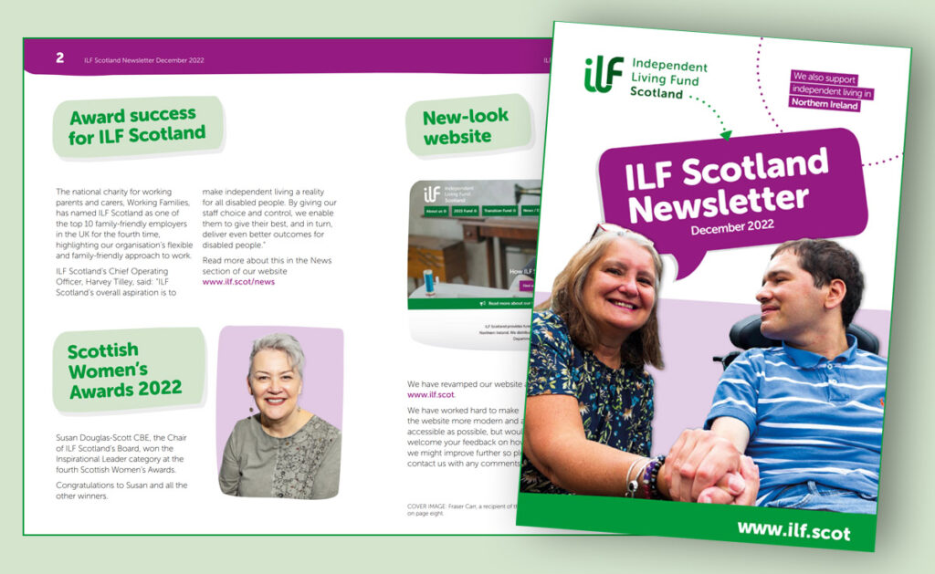 Graphic showing front cover of ILF Scotland newsletter, featuring picture of a mother and son - plus a spread of articles inside the newsletter.