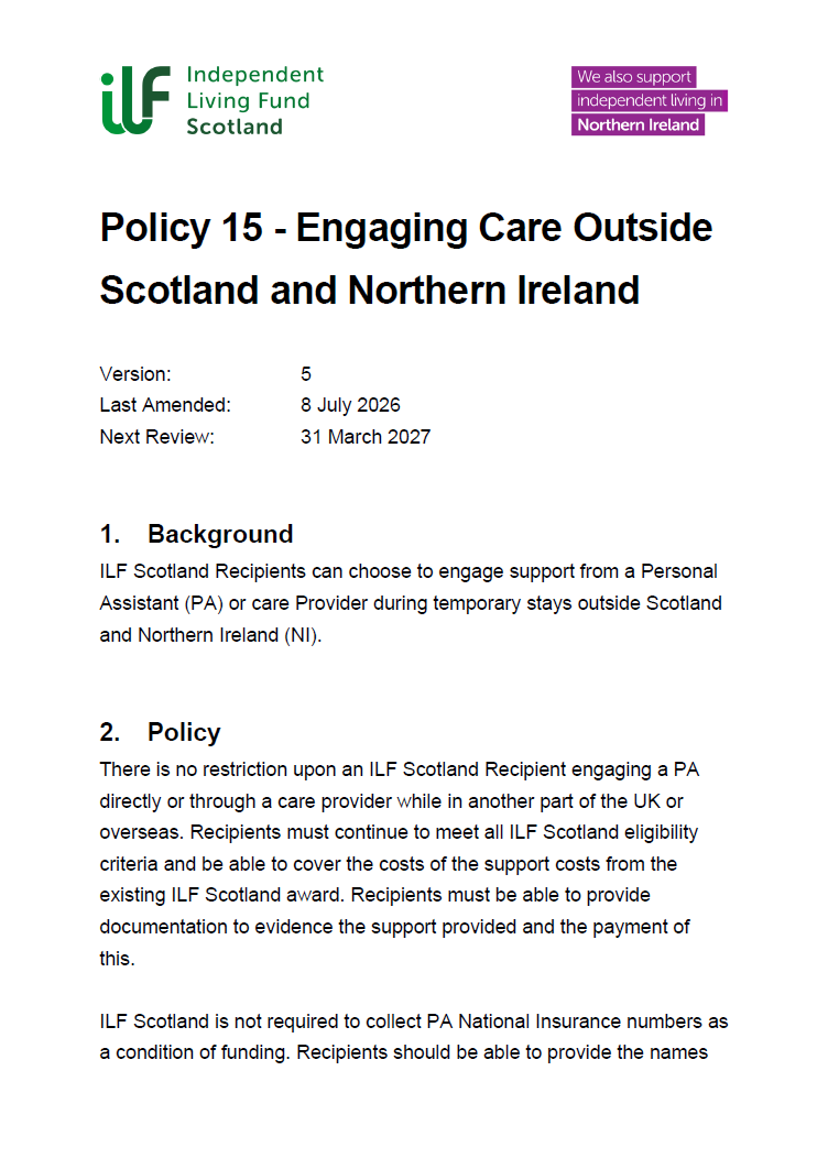 Front Page of Policy 15 - Engaging Care Outside Scotland and Northern Ireland - v05.0