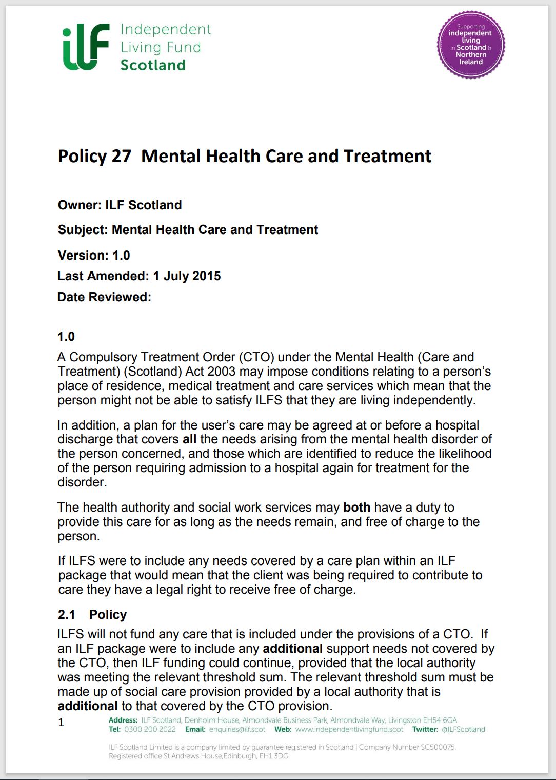 Cover page for policy 27