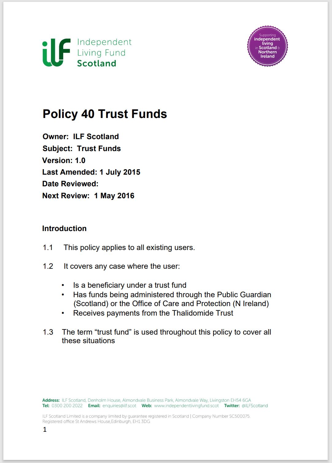 Cover page for policy 40