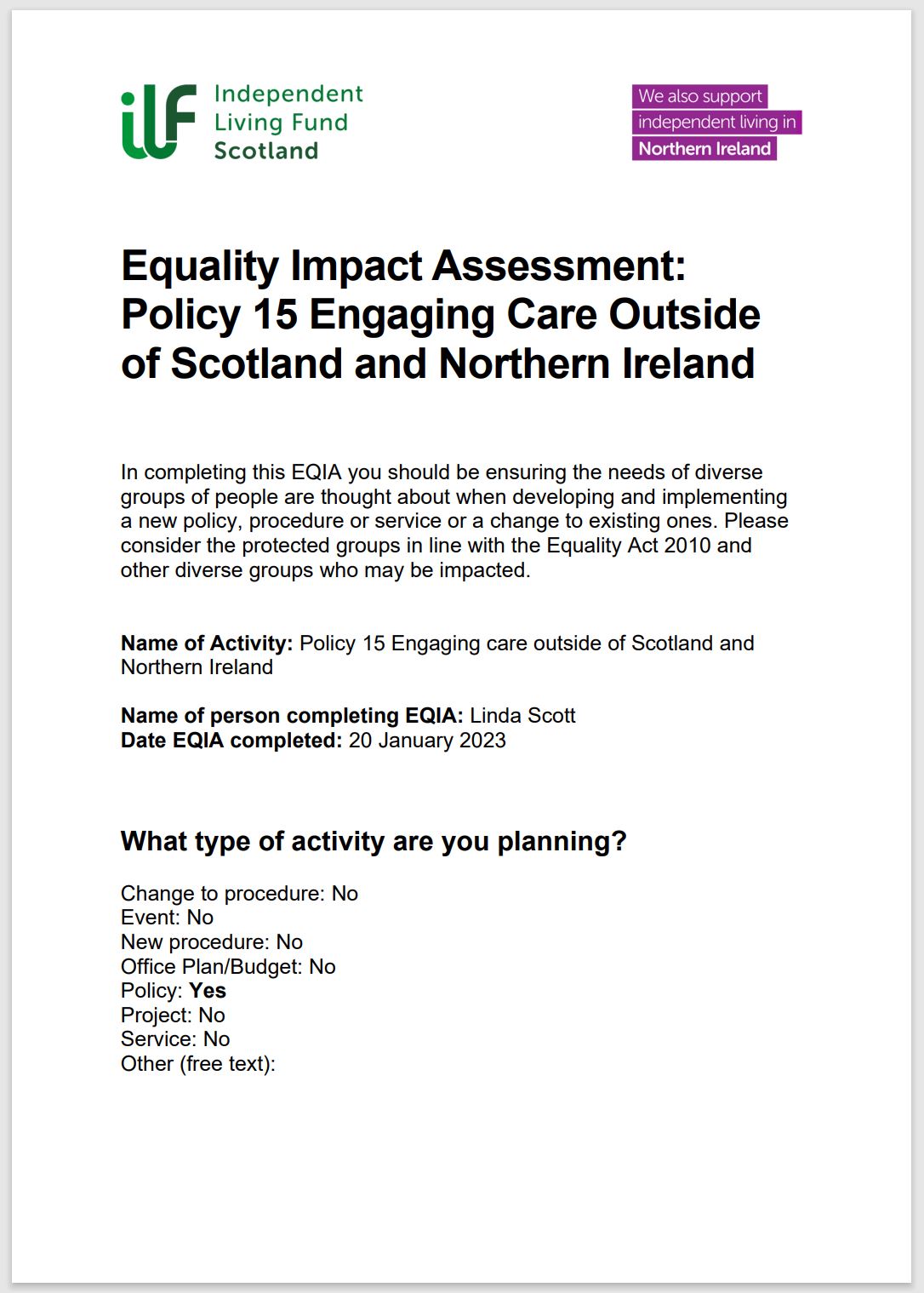 Cover page for Equality Impact Assessment record for policy 15.