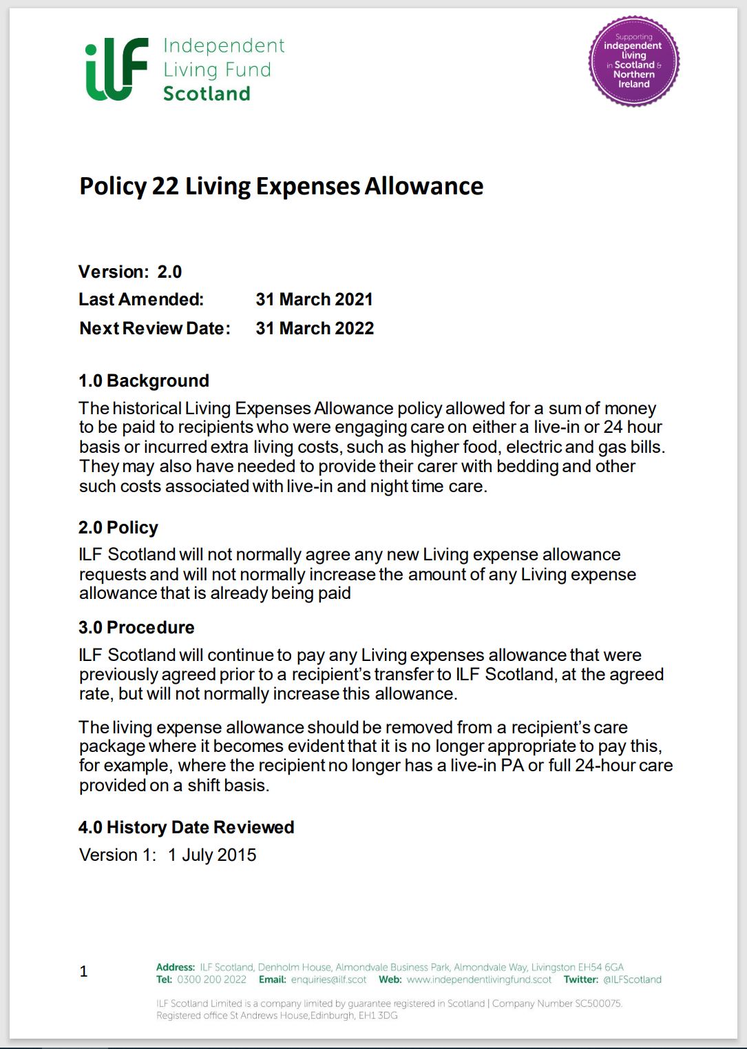 Cover page of policy 22