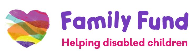 Logo for Family Fund charity showing a multi-coloured love heart and the text "Family Fund Helping disabled children".
