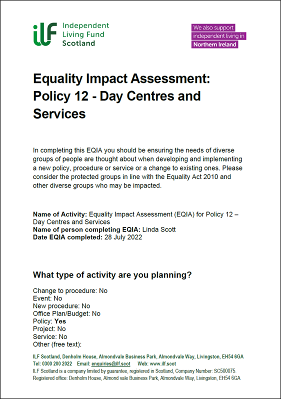 The first page of the EQIA for Policy 12 - Day Centres and Services
