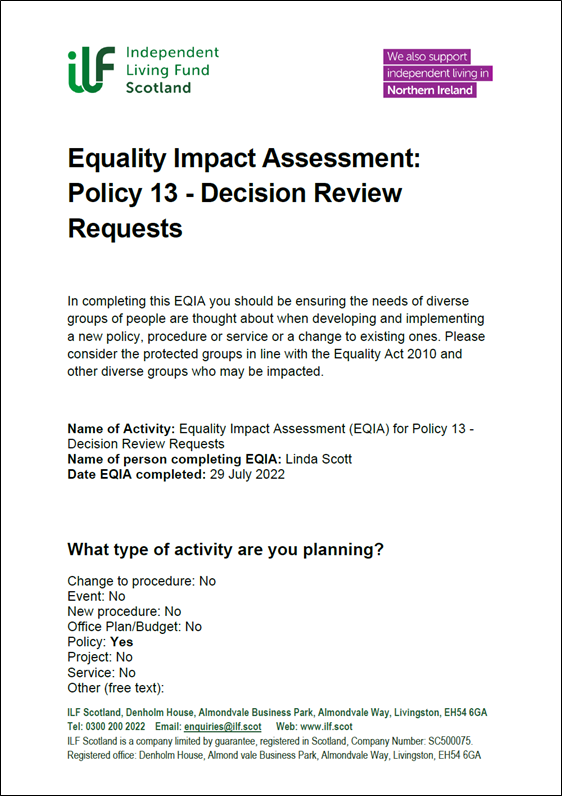 First page of the EQIA for Policy 13 - Decision Review Requests