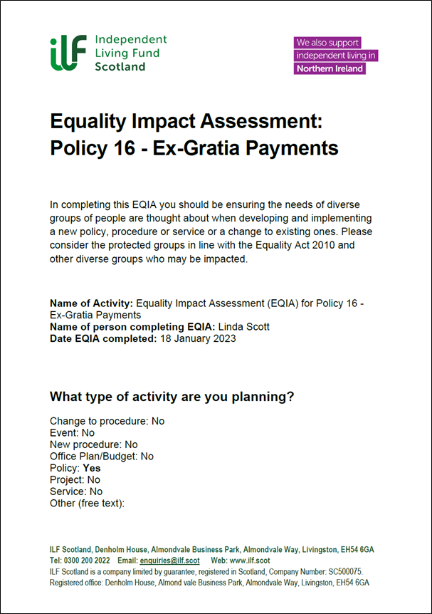 Front page of the EQIA for Policy 16 Ex-Gratis Payments