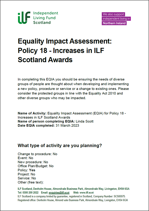 Front cover for EQIA Policy Increases in ILF Scotland Awards