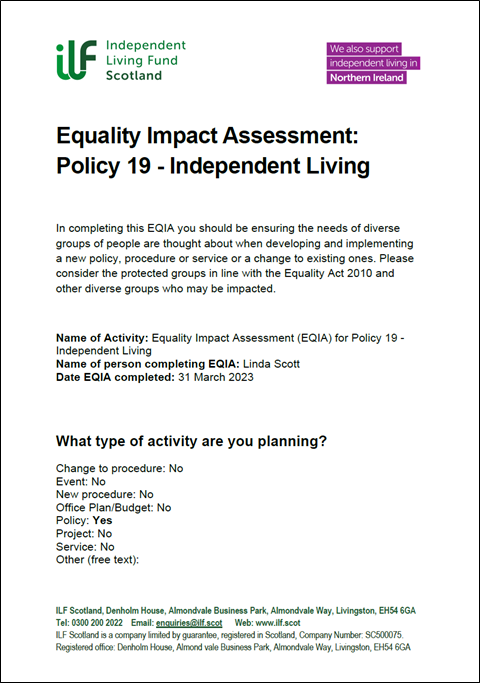 The cover / front page of the EQIA for Policy 19 - Independent Living