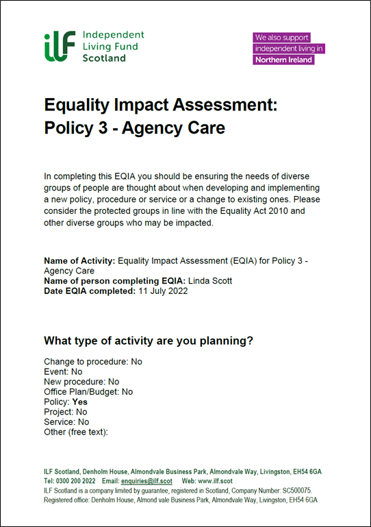 Front Cover / First page of the Equality Impact Assessment for Policy 3 - Agency Care.