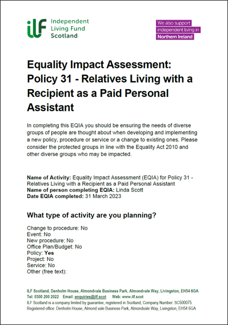 Front cover / first page of the EQIA for Policy 31 Relatives Living with a Recipient as a Paid Personal Assistant