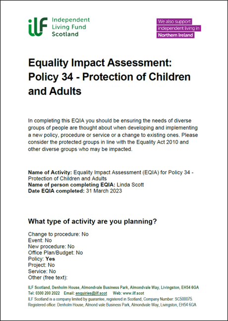 Front cover and first page of the EQIA for Policy 34 - Protection of Children and Adults