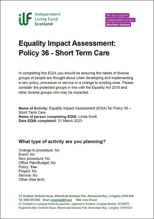 First page / front cover of the EQIA for Policy 36 - Short Term Care