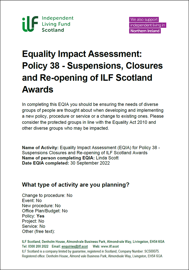 Front page of the EQIA for Policy 38 EQIA Policy 38 - Suspensions Closures and Re-opening of ILF Scotland Awards