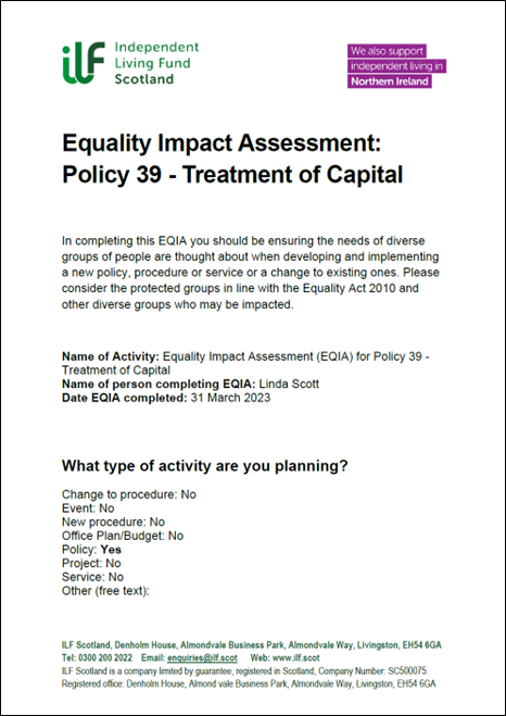 First page / front cover of the EQIA for Policy 39