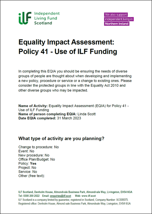 Front Cover / First Page of the EQIA for Policy 41 - Use of ILF Funding