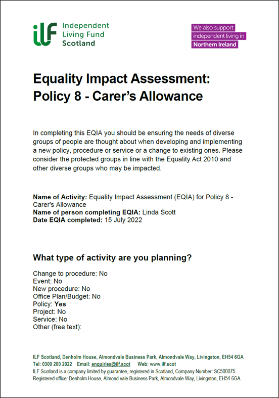 Front Page / First Page of the EQIA for Policy 8 - Carer's Allowance