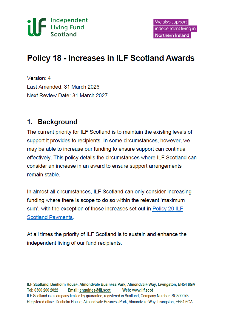 Front Page of Policy 18 - Increases in ILF Scotland Awards