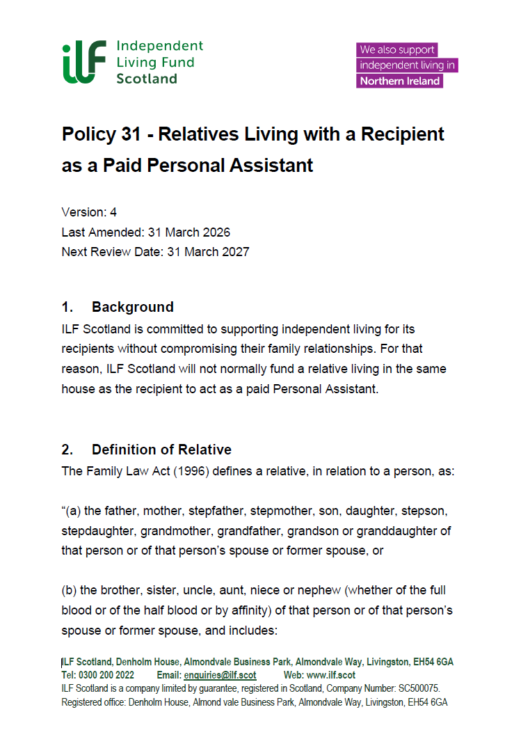 Front Page of Policy 31 - Relatives Living with a Recipient as a Paid Personal Assistant