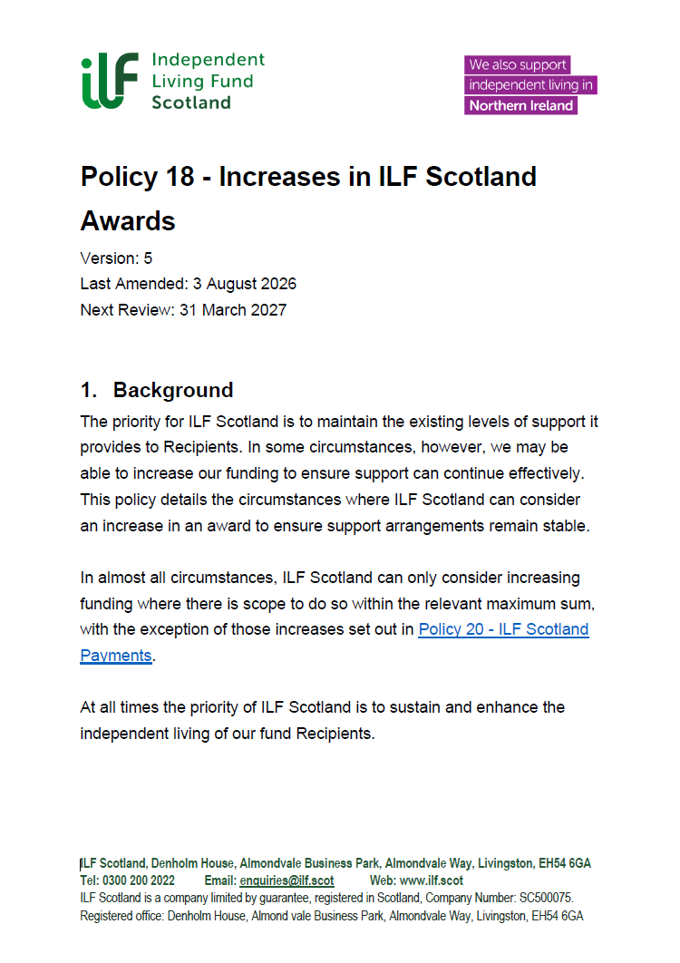 Front page of Policy 18 - Increases in ILF Scotland Awards - v05.0
