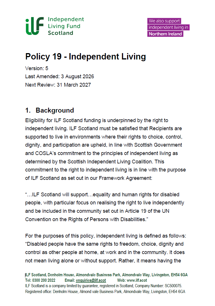 Front page of Policy 19 - Independent Living - v05.0