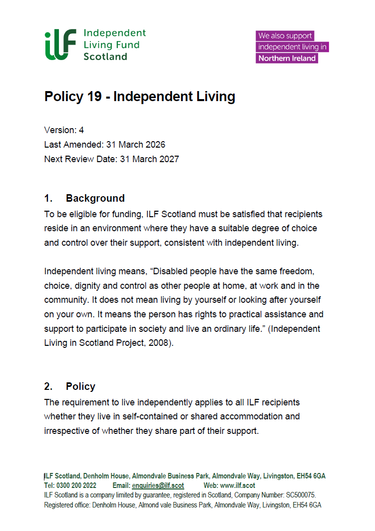 Front page of Policy 19 - Independent Living