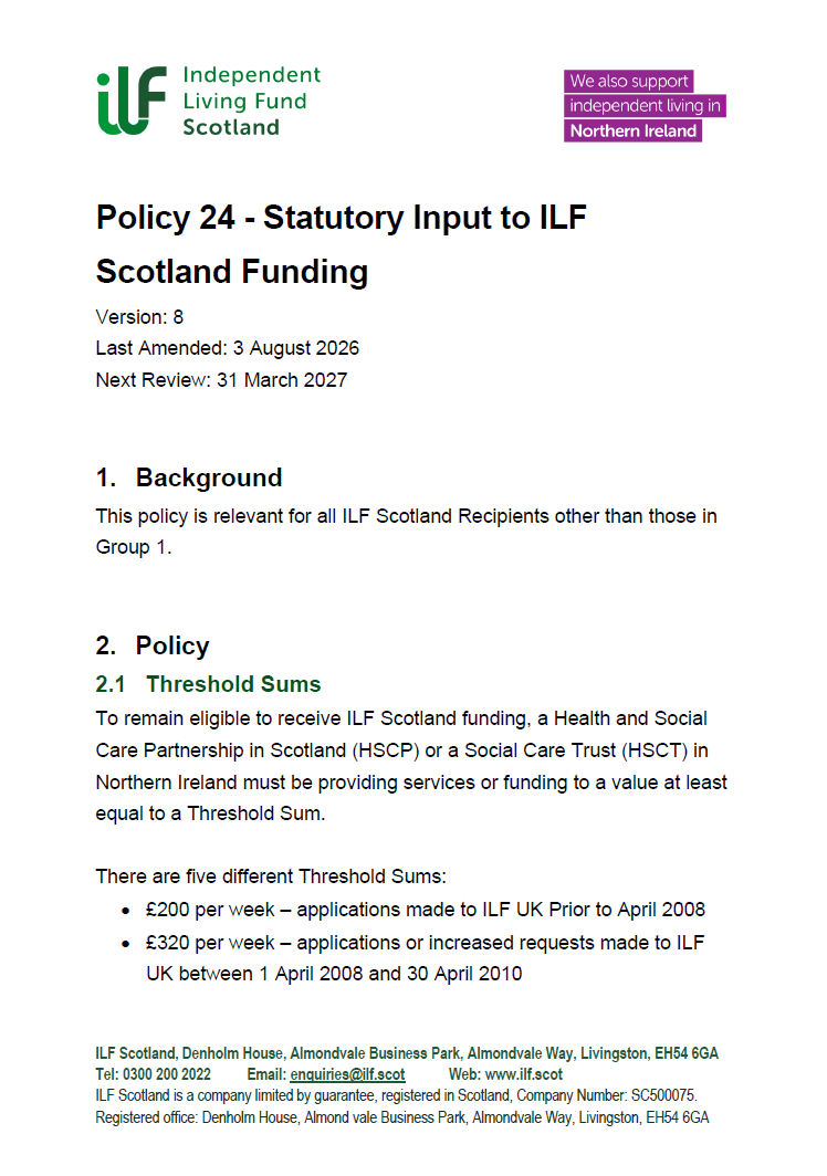 Front page of Policy 24 - Statutory Input to ILF Scotland Funding - v08.0